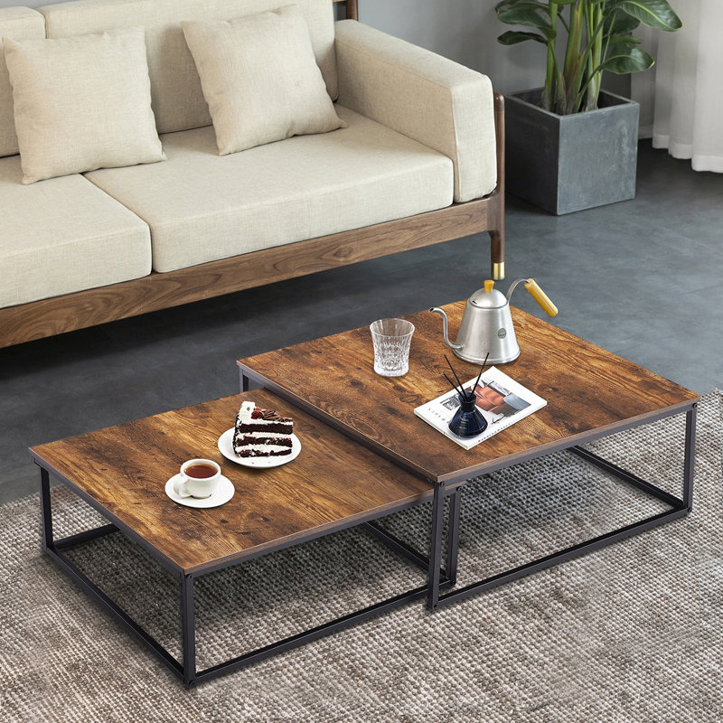 Rustic Brown and Black Square Wood Metal Nesting Coffee Tables, 2 Piece Set