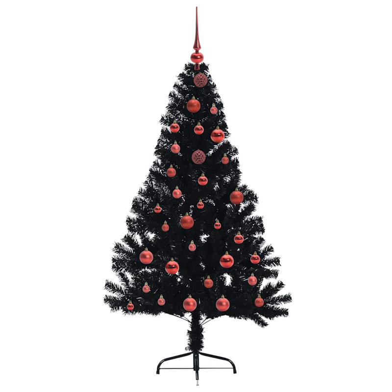 4.92' H Lighted Artificial Christmas Tree, Black, 150 cm, with 61 Red Balls