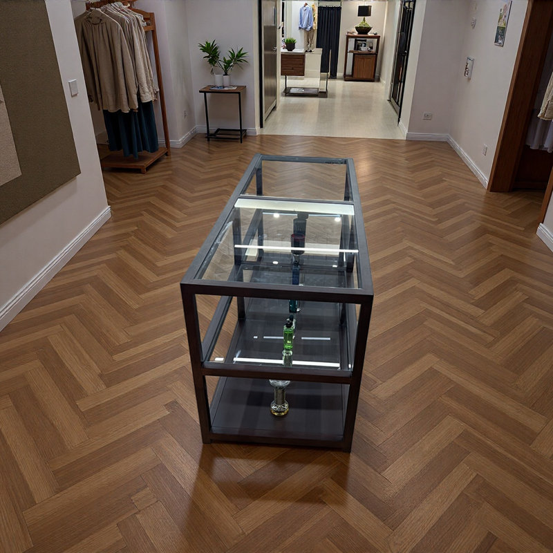 Table de présentation en verre pour magasin de vêtements