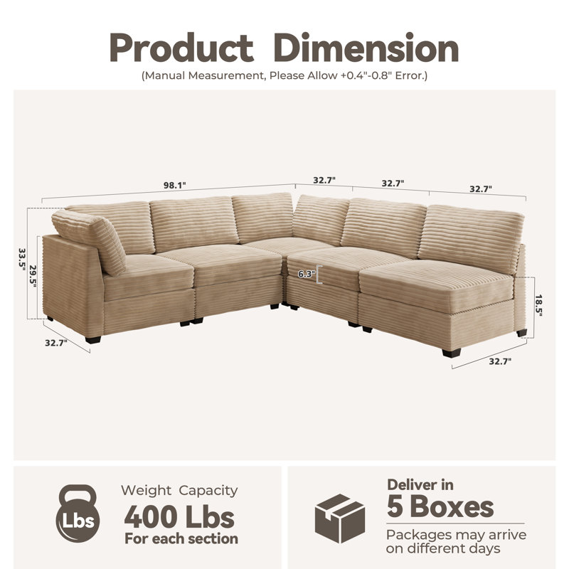  Ensemble de canapé modulaire en L 5 pièces Cloudelle avec méridienne convertible Cloudelle, Velours côtelé beige