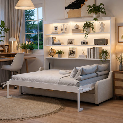 Murphy Bed with Folding Sofa, Built-in Storage Shelves and LED Light