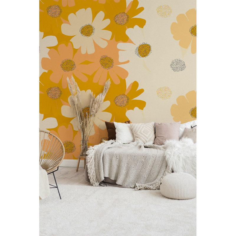 Papier peint floral rétro avec marguerite pêche et moutarde, L 37 po x l 56 po