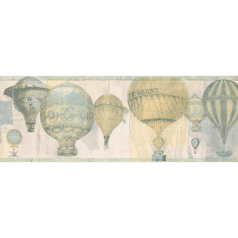 Papier peint rétro avec bordure artistique de montgolfières au ciel L 15 pi x l 7 po