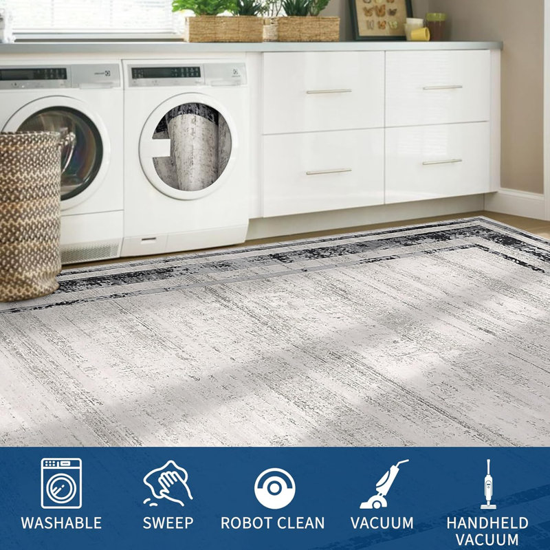 Washable Runner Rug 2x6 Modern Border Soft Distressed Gray Minimalist Non Slip Hallway Stain Resistant Kitchen Contemporary Runner