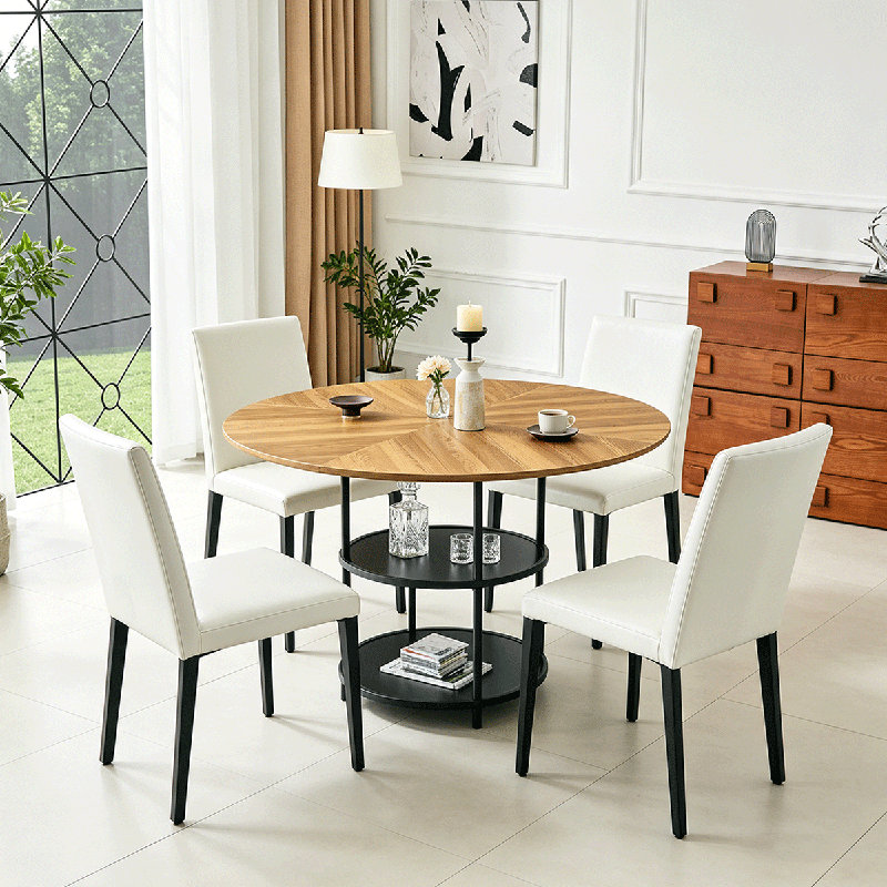 Ensemble de table de salle à manger ronde pour 4 personnes, ensemble de table de salle à manger de ferme 47,3 po avec 4 chaises rembourrées et tablette de rangement, plateau de table en bois avec structure en métal, fendu noir / bois