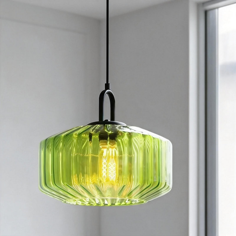 Luminaire suspendu moderne en verre nervuré géométrique, vert, Vert