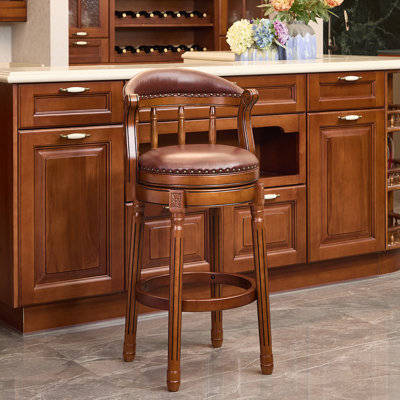 Genuine Top Grain Leather Swivel Bar Stool with Solid Rubberwood Frame, Mid-High Back Design