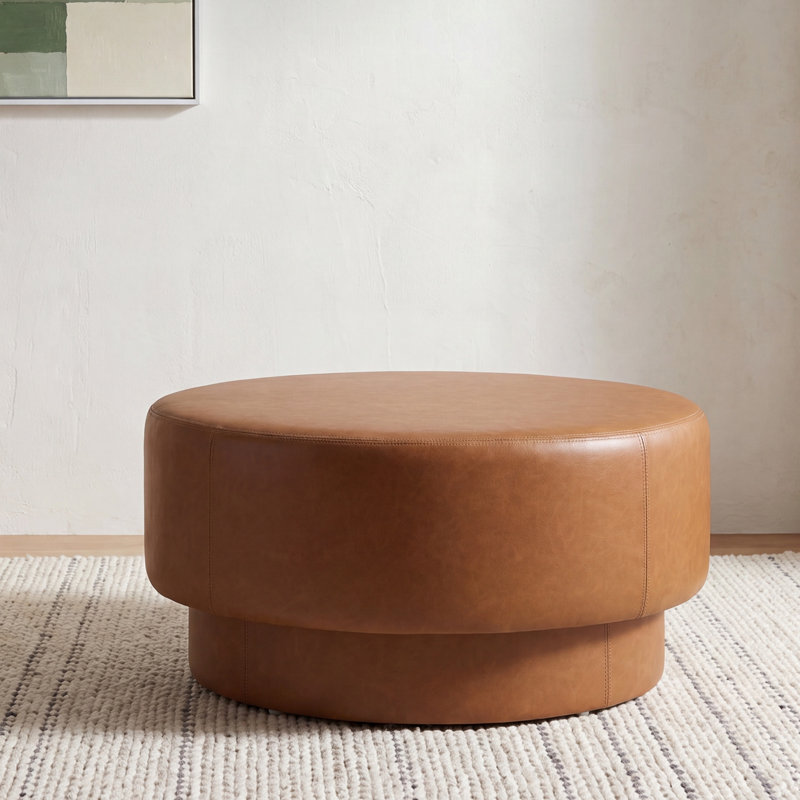 Table basse ronde avec repose-pieds rembourré avec repose-pieds à deux niveaux pour le salon, Simili cuir, Brun