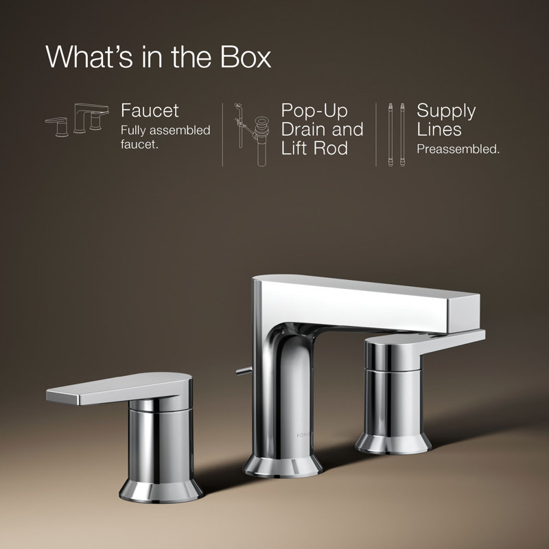 Kohler Taut Widespread Bathroom Faucet with Pop-Up Drain Assembly, 3 Hole 2-Handle Bathroom Sink Faucet, 1.2 gpm