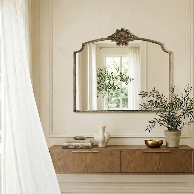 Lindon Arched Iron Wall Mirror, 29" x 36", Antique Gold