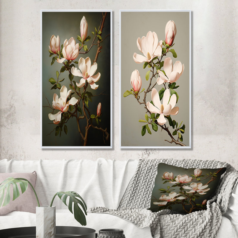 Magnolias méditation - Magnolias Wall Art salon ensemble de 2, Cadre blanc, H 28 po x l 25 po