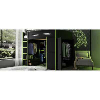 Full Size Gamer Loft Bed With Under - Gaming Station, Charging, Lighting And Overhead Shelves Space, Port, Open Wardrobe Storage