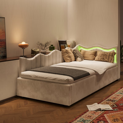 L-Shaped Upholstered Daybed Sofa Bed With Hydraulic Storage, 3FT Single Sofa Bed With LED, Velvet Fabric Ottoman Sofa Bed For Kids & Adults, Space-Saving Design, (No Mattress, 90 X 200 Cm)