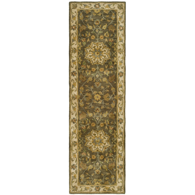 Tapis vert / taupe en laine touffeté à la main Cranmore, Tapis de couloir 2 pi 3 po x 14 pi