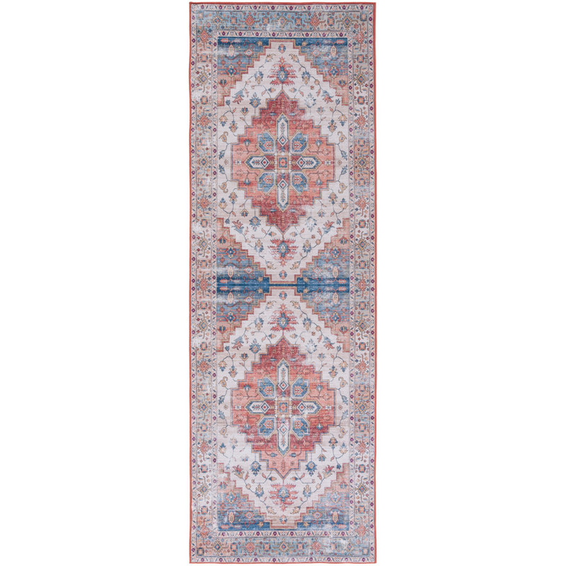 Tapis beige / bleu Allana, Tapis de couloir 2 pi 6 po x 12 pi