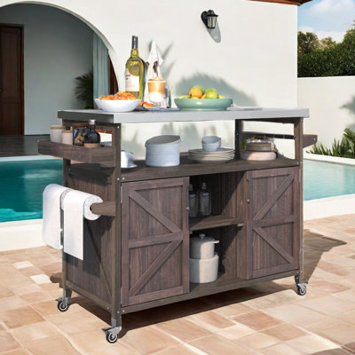 Leokadia Outdoor Farmhouse Kitchen Island with Stainless Steel Top