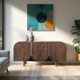 Keshea Console Table Mango Wood Veneer Ribbed Carved Doors Casual Finish for Home Office Bedroom Living Room Decorative Accent Storage Cabinet Mid-Century Modern Rounded Edge Design - 29" Brown
