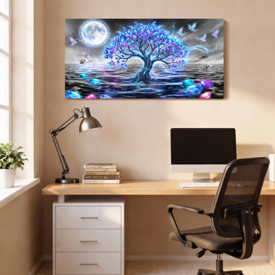Fantasy Tree With Moon And Crystals Canvas Wrapped Wall Art Oil Painting Print Set Of 1
