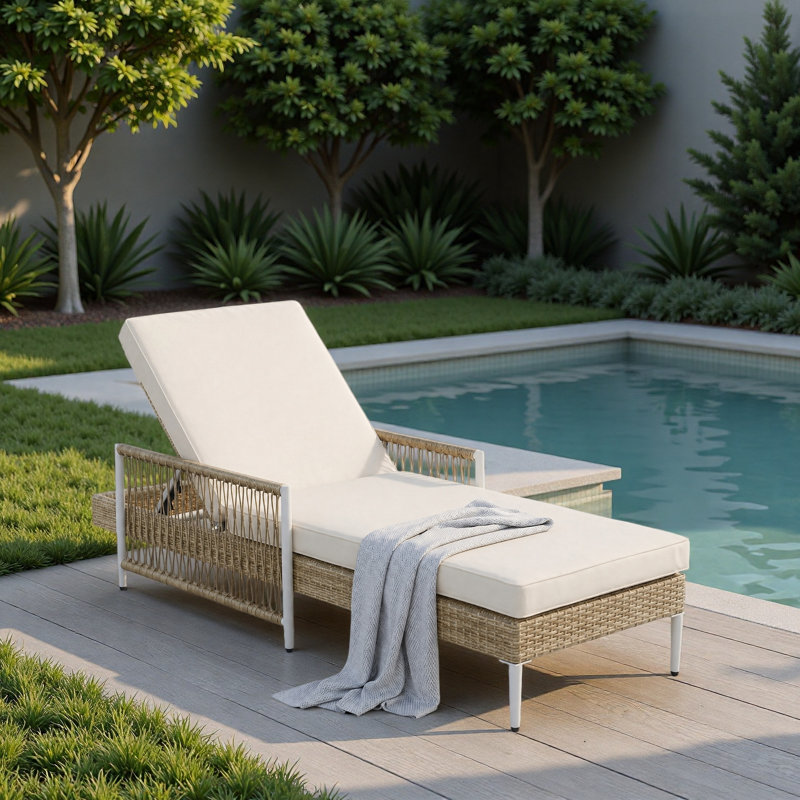 Chaise longue d'extérieur en rotin PE toutes saisons, Beige, Brown