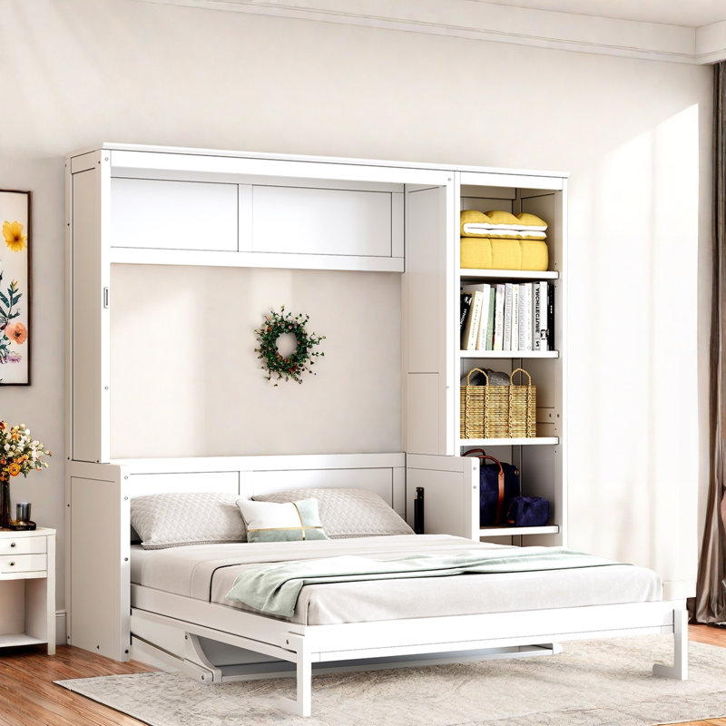 Lit escamotable avec bureau et tablettes Murphy, Double, Blanc
