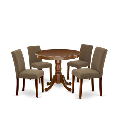 5 Piece Dining Table Set for 4 Includes a Round Kitchen Table with Pedestal and 4 Coffee Linen Fabric Upholstered Chairs, Mahogany