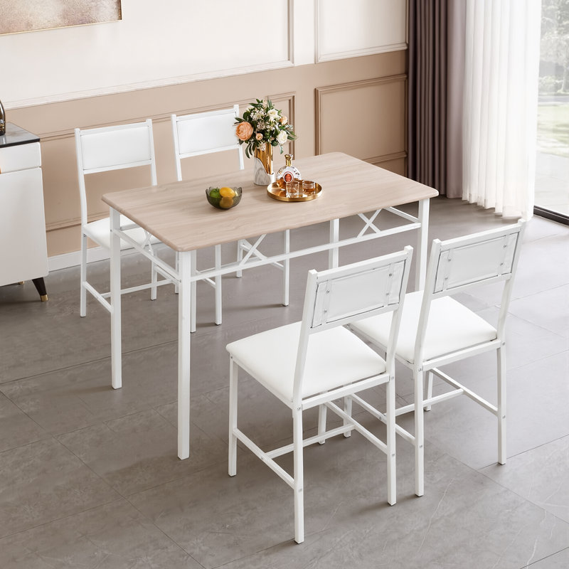 Dining Table Set For 4, Rectangular Natural Color Wood Dining Table Farmhouse Dinette Set With Metal Legs, 4 Leather Cushions Chairs Set For Kitchen, Dining Room