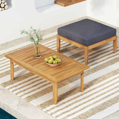 Mid-Century moderne: table basse en bois et bois - Coussins à eau avec élément de lattes captivant