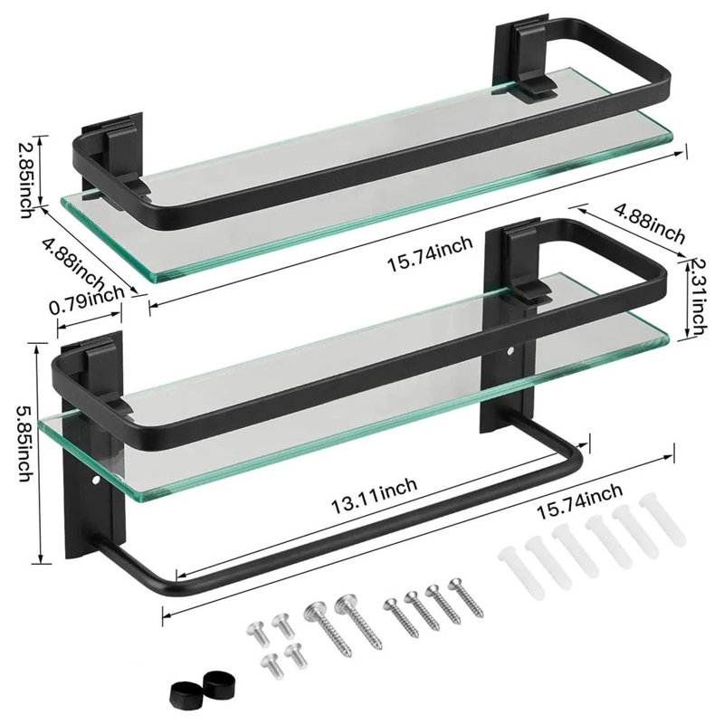 Bathroom Shelf Wall Mounted Floating Glass Shelf with Towel Rack 2 Tiers, Black