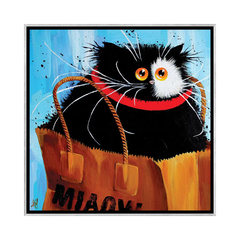 «Miaow Bag» par Kim Haskins - reproduction d'art, H 26 po x l 26 po x P 1,5 po, Toile avec cadre argenté, Pas de tapis