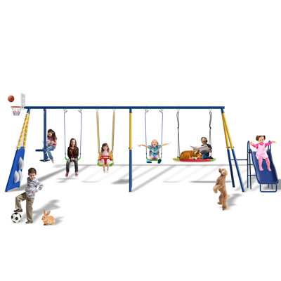 8 in1 Swing Sets for Backyard with Kids Slide Outdoor Heavy-Duty Metal Playset for Kids 550lbs Swing Set with Slide, Saucer Seat, 2 Belt Seat, Soccer