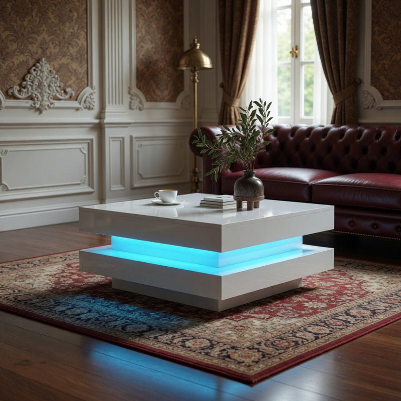 Design minimaliste ultrabrillant tendance avec lumières DEL, table basse carrée à 2 niveaux, table centrale pour le salon, 31,5 po x 31,5 po x 14,2 po, blanc