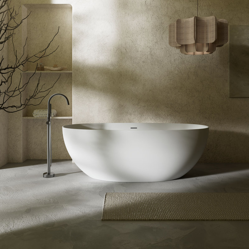 Baignoire de trempage autoportante blanche à surface solide avec trop-plein et bonde escamotable 59 "x 28" Monblari