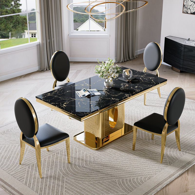 70.08" Dining Table Set Of 4,Rectangle Faux Marble Table And 4 Faux Leather Dining Chairs With Stainless Steel Base, Black