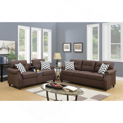2Pcs Sofa Set Living Room Furniture Dark Coffee Plush Polyfiber Sofa Loveseat W Console Pillows Couch