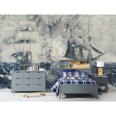 Murale de bateau rétro | Papier peint Nautical Ocean Waves