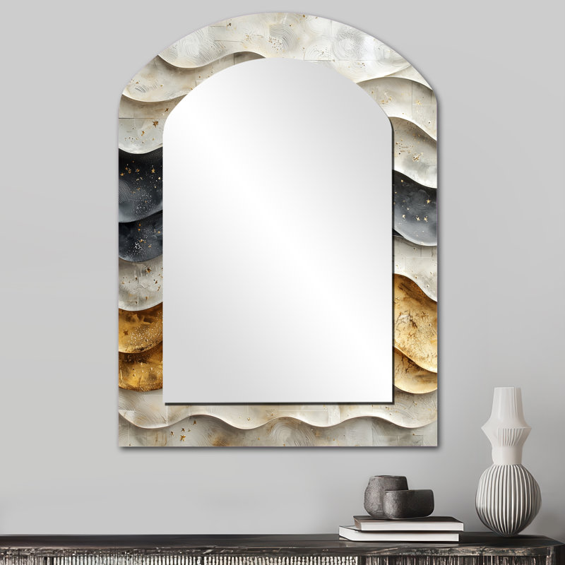 «Grey Inca Legacy Sunrise Tiles I», miroir décoratif arqué Boho Tiles, miroir mural asymétrique traditionnel, impression d'art en métal