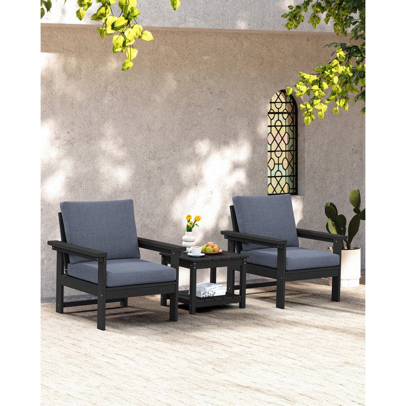 Ensemble de conversation en PEHD Reata pour 2 personnes avec table d'appoint à deux niveaux et Cusions, Gris