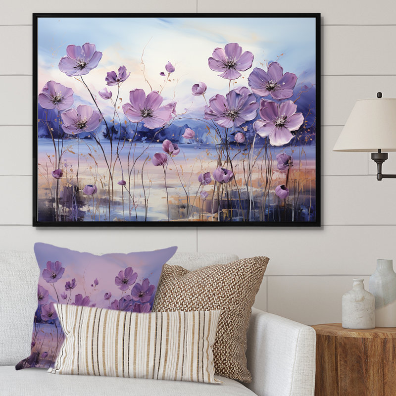«Violet Flower Meadow Harmony III», art mural grand champ de fleurs, Cadre flottant noir, H 12 po x l 20 po x P 1 po