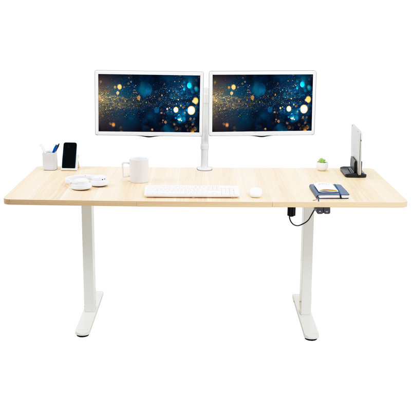 Vivo Electric Stand Up Desk, Light Wood, 70.9" W, White