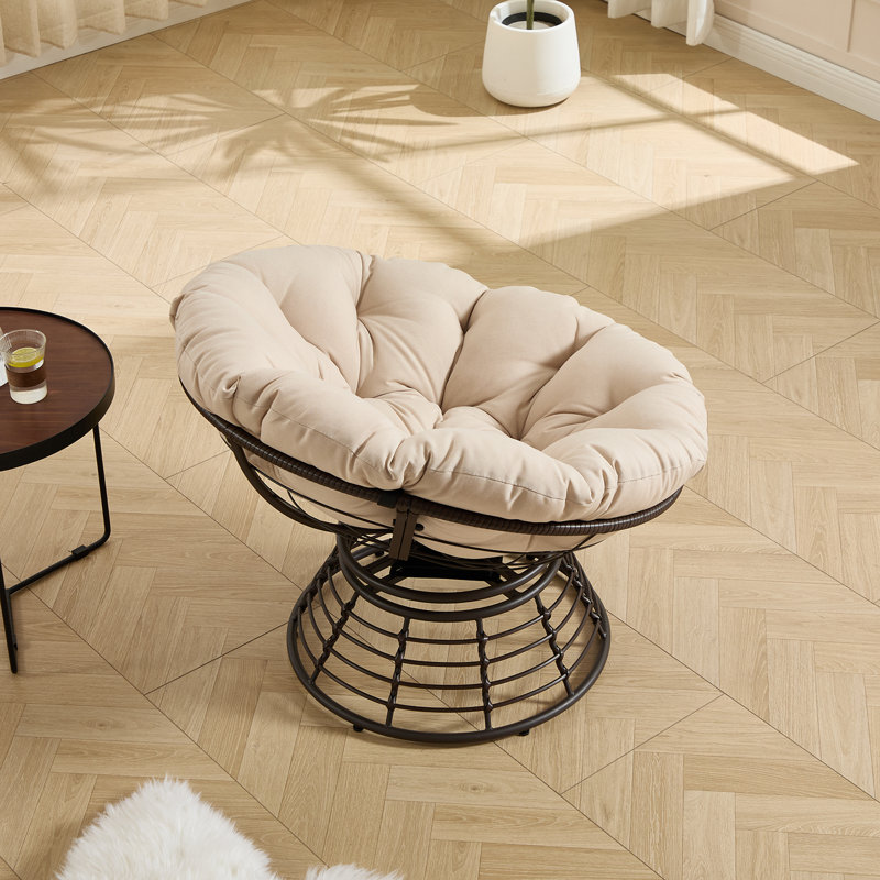 Cushion 360° Swivel Wicker Papasan Chair, Ergonomic Indoor Outdoor Rattan Chair For Living Room Bedroom Reading Room, Beige
