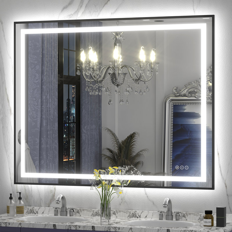 Miroir de salle de bain / meuble-lavabo à cadre en verre trempé à DEL certifié anti-buée Wayfair Basics®, 48 po x 38 po