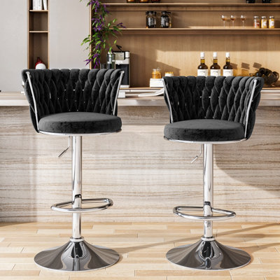 Ensemble de 2 chaises de bar noires: dossier tissé, hauteur réglable, rotation à 360 degrés, repose-pieds stable, base circulaire en métal