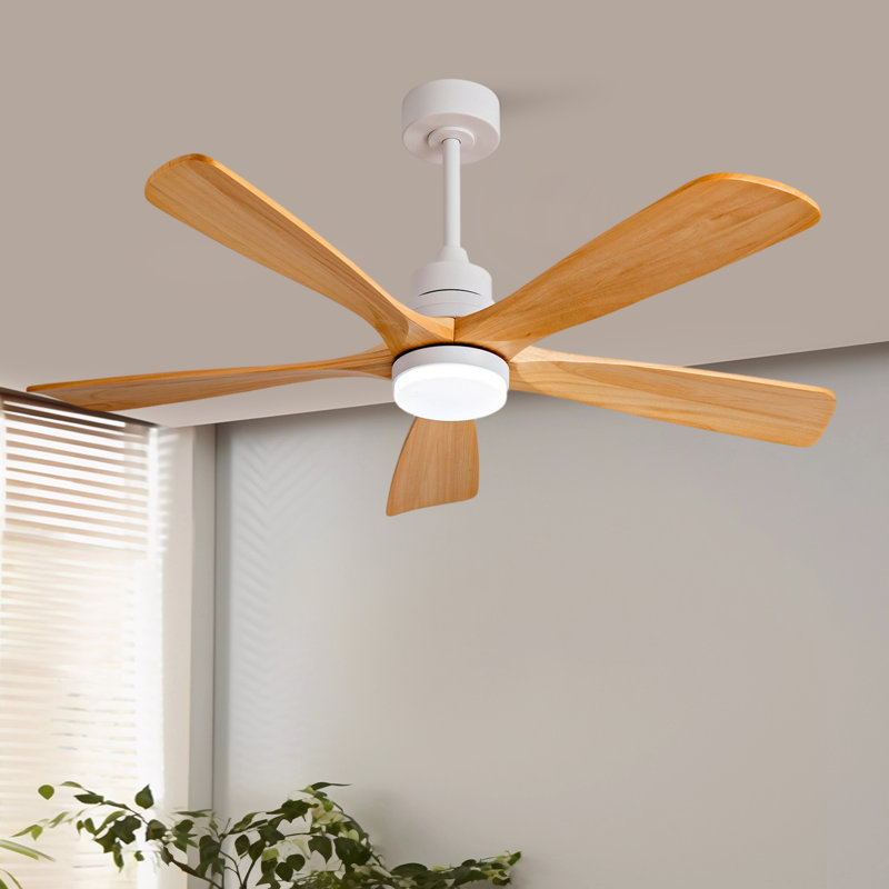 52 Inch Modern Ceiling Fan With 3 Color Dimmable 5 Solide Wood Blades Remote Control Reversible DC Motor With Led Light, Oak