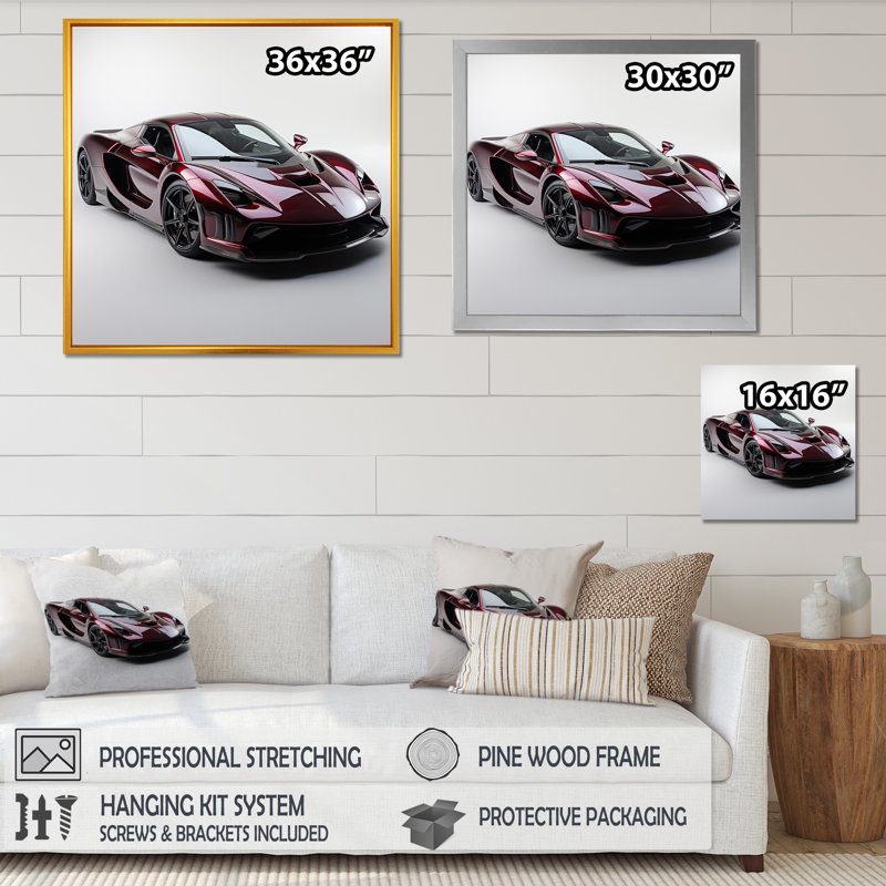 Rose et chrome, voiture italienne, art mural exotique, Cadre doré simple, H 30 po x l 30 po x P 1,5 po