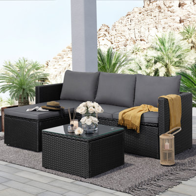 Patio Furniture Set 3 Piece Outdoor Sectional Patio Sofa, All-Weather Wicker Rattan Outdoor Furniture Set With Glass Table And Cushions by Ebern Designs