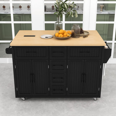 Farmhouse Kitchen Island Cart with Drop Leaf, Power Outlet, Adjustable Shelves, 5 Drawers on Wheels