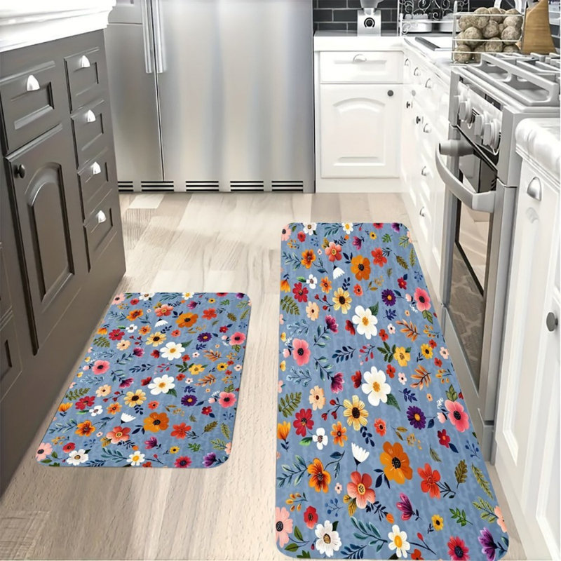 Ensemble de 2 tapis de cuisine vibrants à motif floral pour salle de bain, bleu multicolore