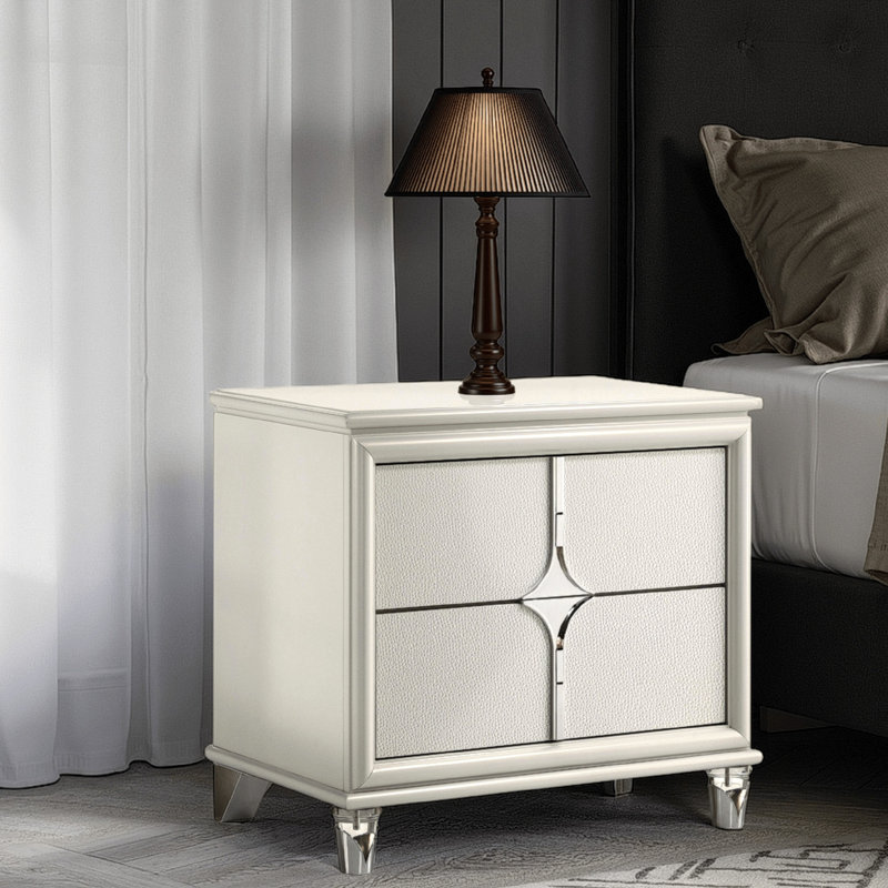 Ory Nightstand W 2 Drawers, Chrome Star Handle, Pearl Ivory Wood
