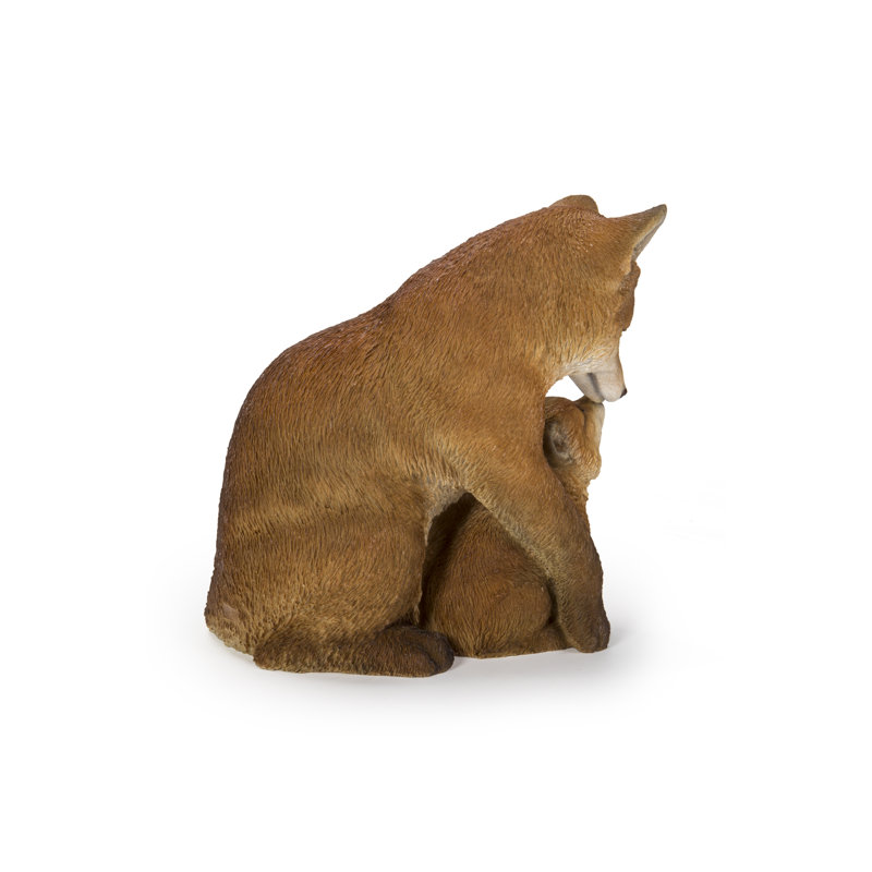 Hand Painted Brown Polyresin Mother and Baby Fox Garden Statue
