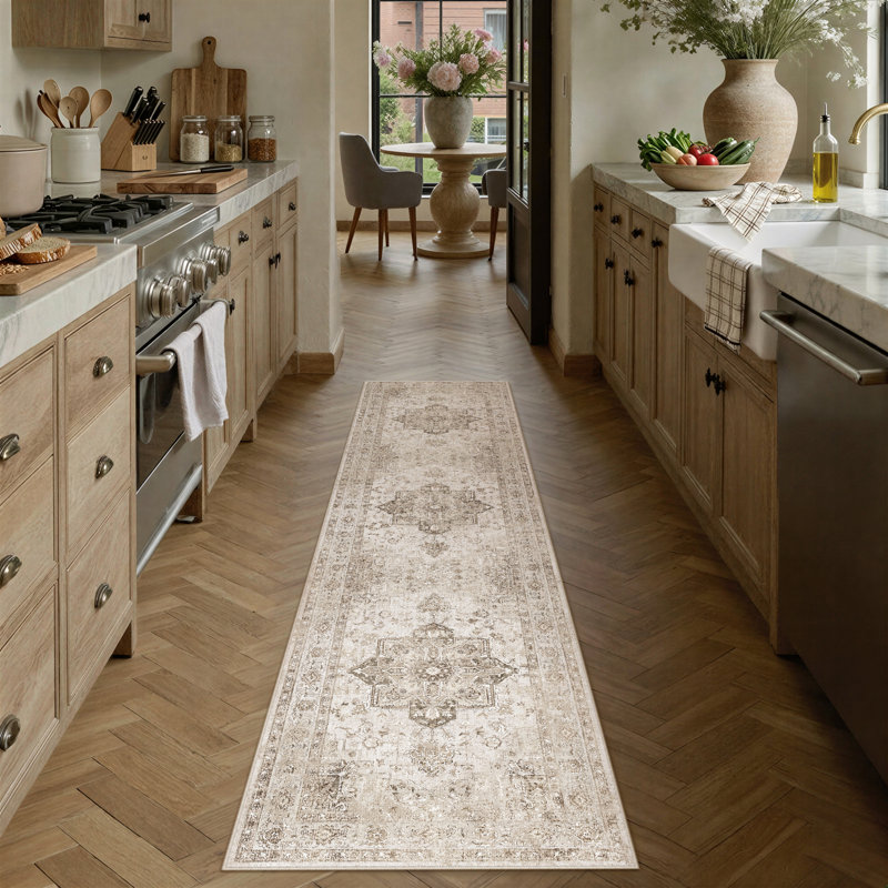 Tapis lavable rétro patiné avec envers antidérapant, Beige, Tapis de couloir 2 pi x 8 pi